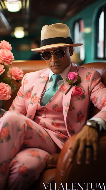 AI ART Pink Suit Man in Leather Armchair with Pink Roses