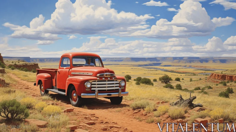 Red Pickup Truck in Realistic Landscapes with Soft Tonal Colors AI Image