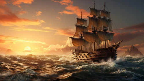 Sailing Ship at Sea Digital Painting