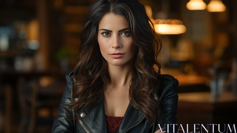 Serious Young Woman in Black Leather Jacket AI Image