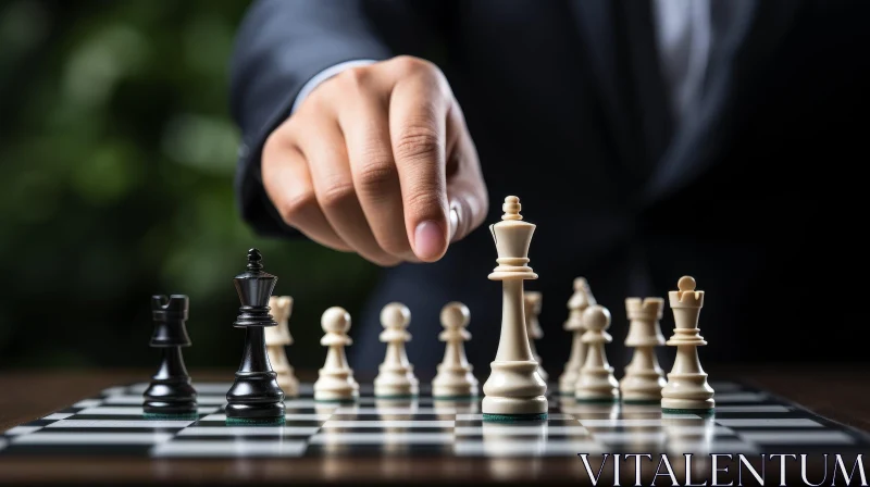 Strategic Chess Piece Movement on Dark Wood Chessboard AI Image