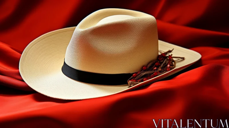 Straw Cowboy Hat with Red Beads on Crimson Cloth AI Image