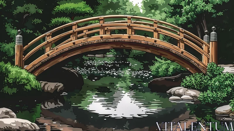 Tranquil Park Landscape with Wooden Bridge AI Image