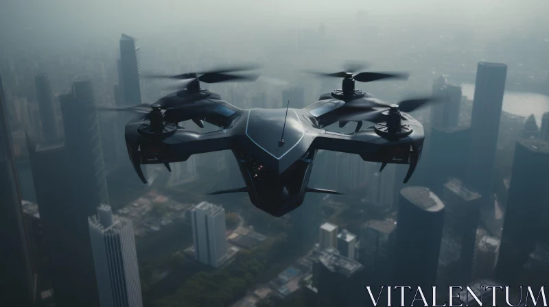 Urban Aerial Photography: Black Drone Flying Over Cityscape AI Image