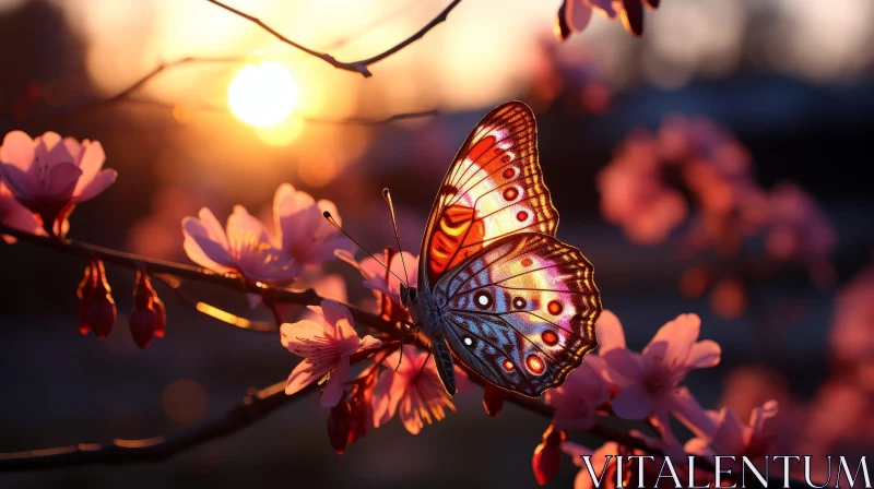 Beautiful Butterfly on Cherry Blossom Branch AI Image