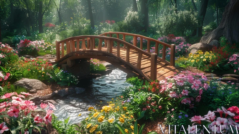 Enchanting Forest Landscape with Wooden Bridge over River AI Image