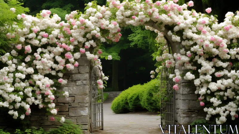 AI ART Enchanting Stone Archway with Pink Flowers