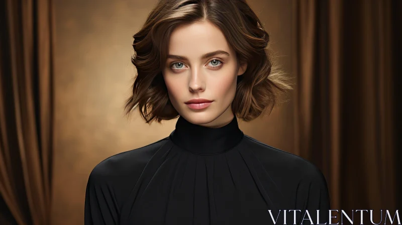 Serious Beauty: Young Woman Portrait in Black Turtleneck Blouse AI Image