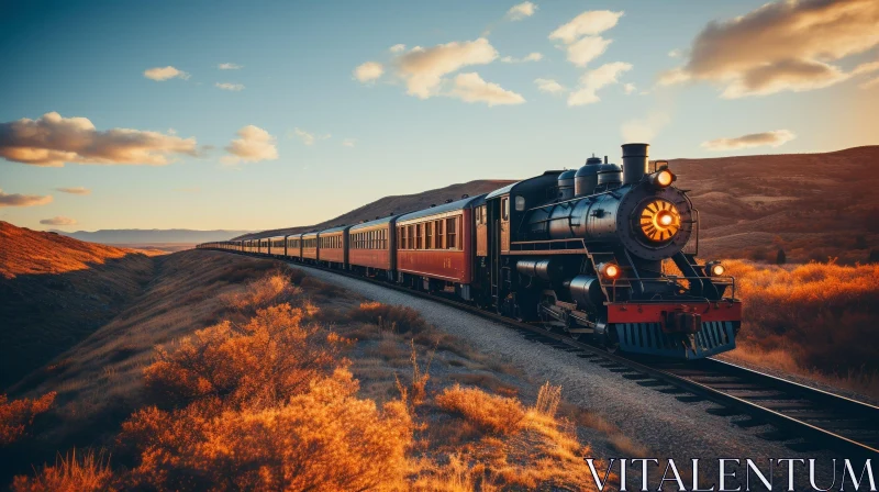 Speeding Steam Locomotive in Rural Area AI Image