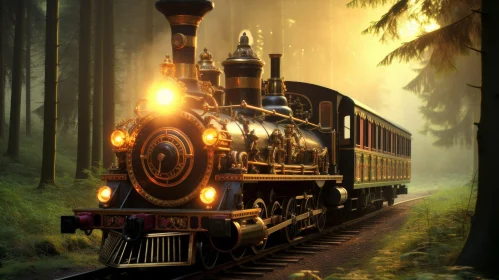 Steam Train in Forest: Intricate Details and Sunlight