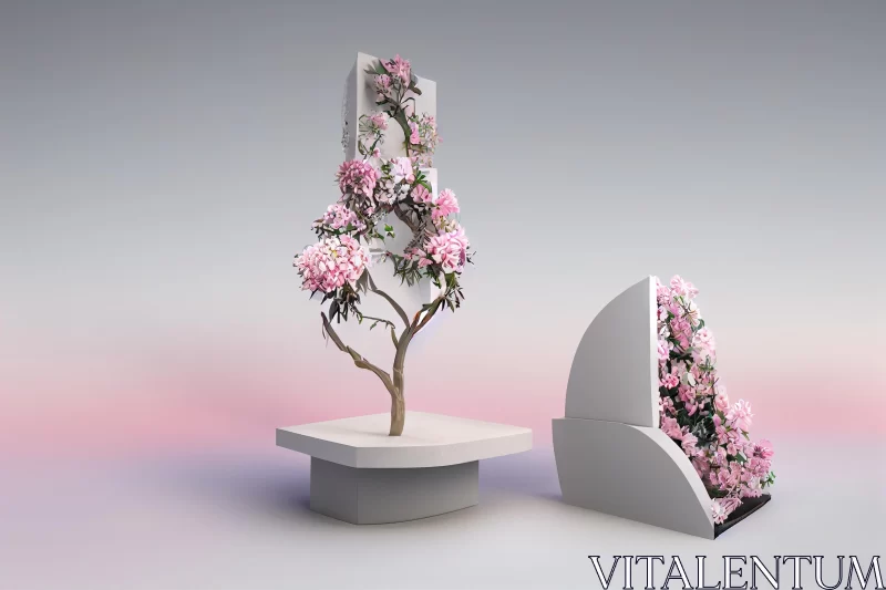 White Plants with Pink Flowers: Surreal 3D Landscape Sculpture AI Image