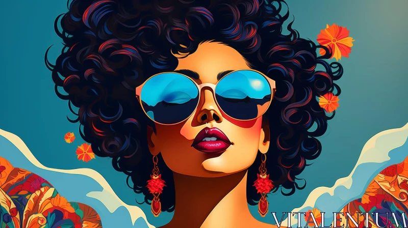 AI ART Young Woman Portrait with Blue Sunglasses and Red Flower