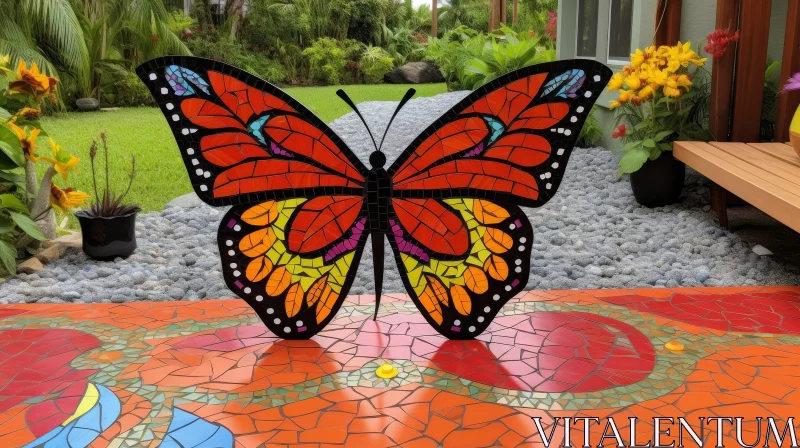 Colorful Butterfly Mosaic Sculpture in Garden AI Image