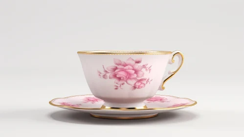 Elegant Pink and White Porcelain Teacup with Golden Handle and Roses