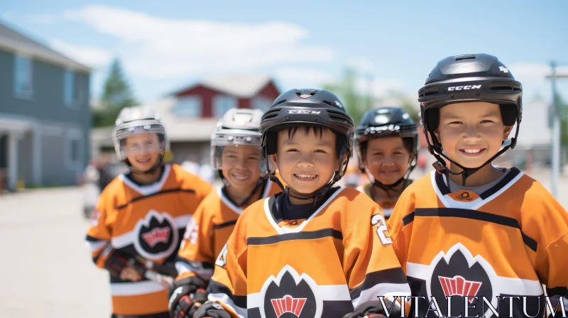 Happy Children in Hockey Gear - Urban Team Portrait AI Image