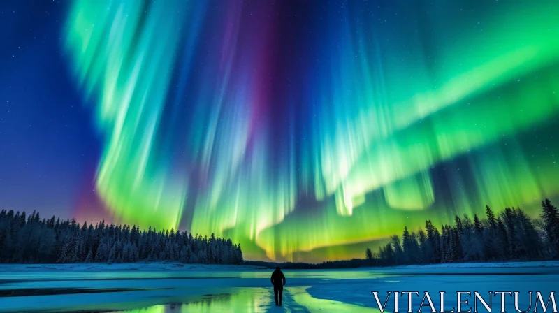 Man on Frozen Lake Watching Aurora Borealis AI Image
