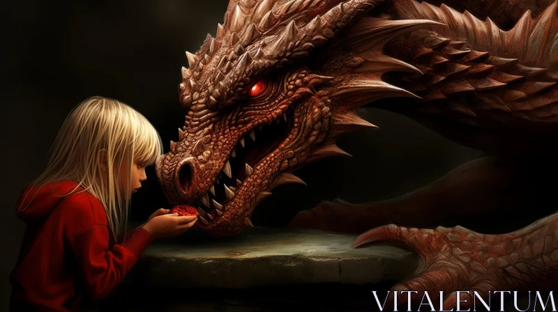AI ART Red Dragon and Young Girl Digital Painting