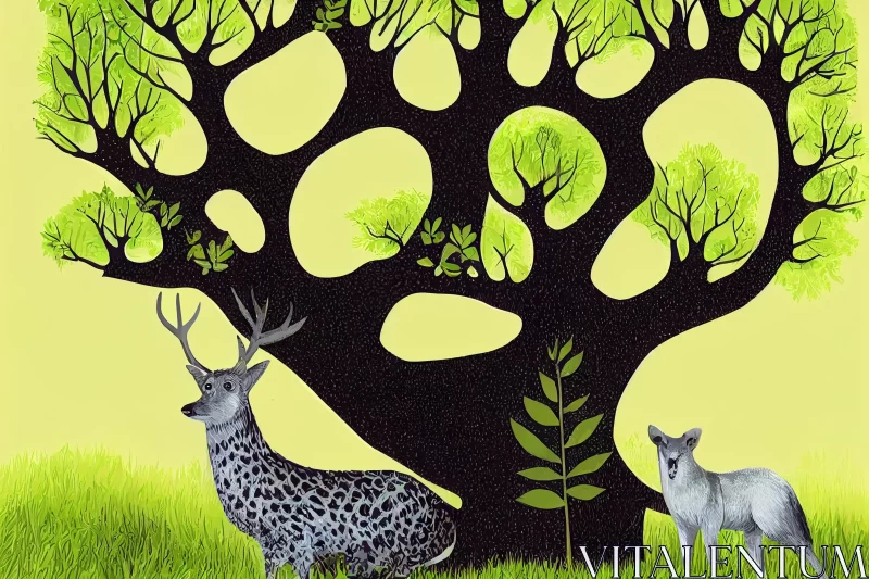 Surrealistic Deer and Tree in Spring | Whimsical Children's Book Illustration AI Image