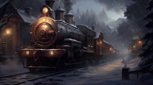 Winter Train Passing Through Village Landscape