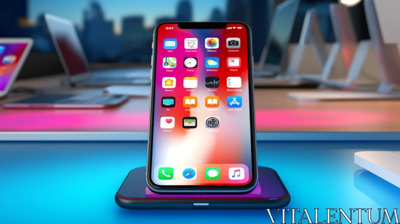 Black iPhone X Smartphone on Wireless Charging Pad in City Night Setting AI Image