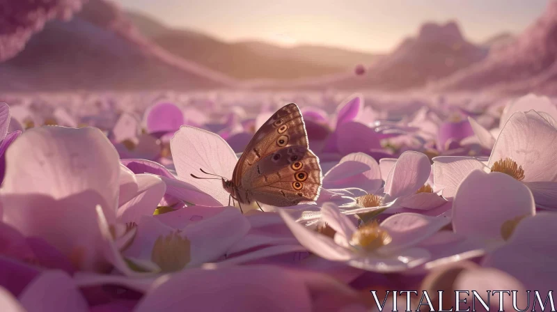 AI ART Brown Butterfly on Pink Flower in Mountain Landscape