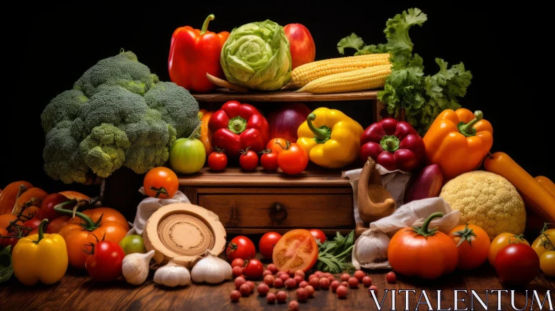 Colorful Fresh Vegetable Still Life on Wooden Table AI Image