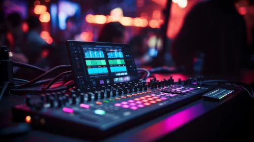 DJ Mixer and Laptop in Dark Room with Colorful Lights