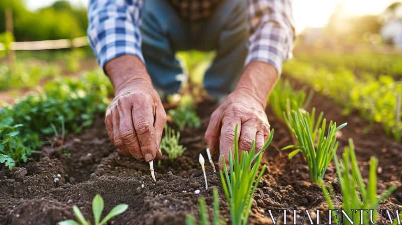 Elderly Man Planting Seedlings in Garden AI Image