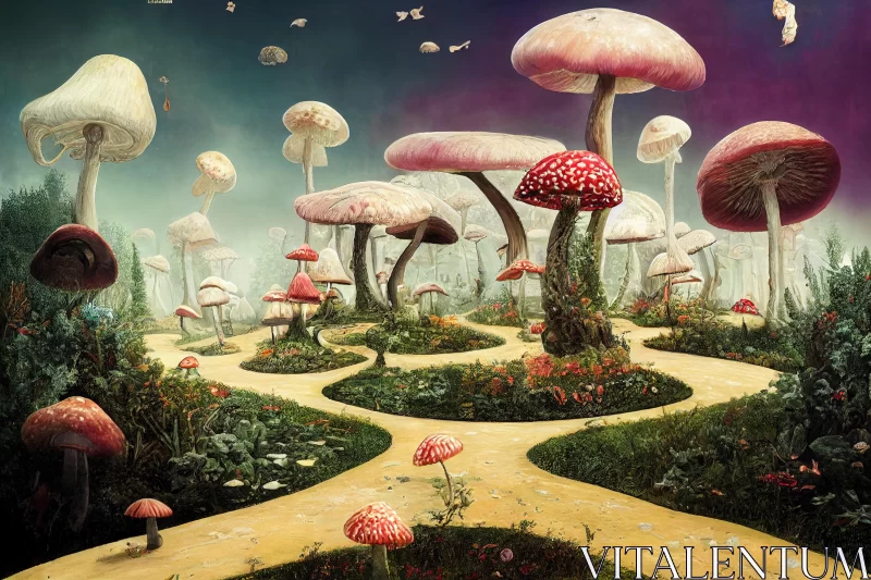 Enchanting Mushroom Path: A Captivating Surreal Illustration AI Image