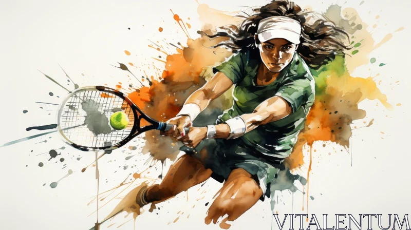 Female Tennis Player Watercolor Painting AI Image