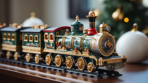 Festive Toy Train on Wooden Table - Christmas Scene