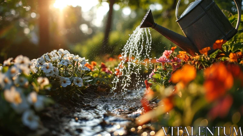 Gardening Close-up: Watering Flowers Carefully AI Image