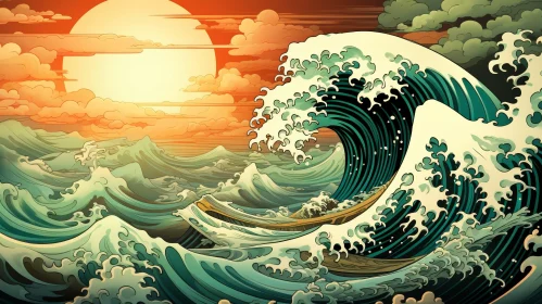 Powerful Sea Wave Boat Painting