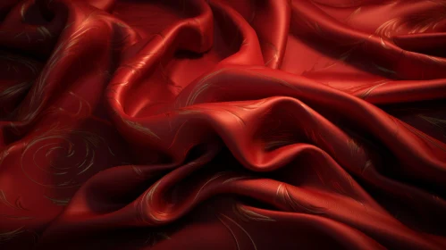 Red Silk Fabric with Golden Pattern - Luxurious Texture