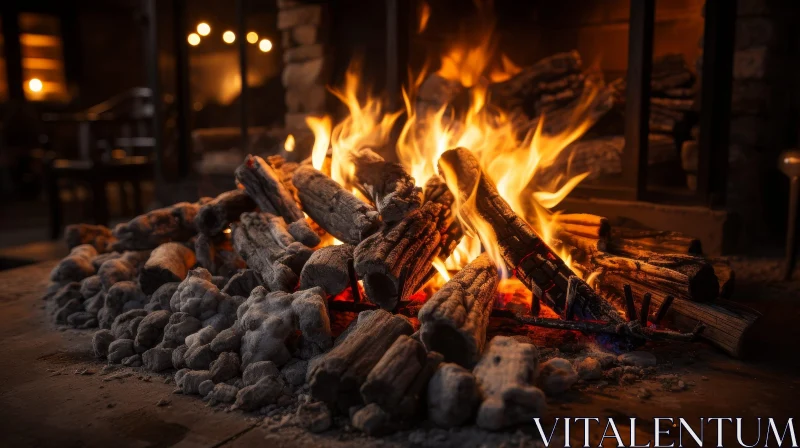 Rustic Fireplace with Bright Burning Fire AI Image