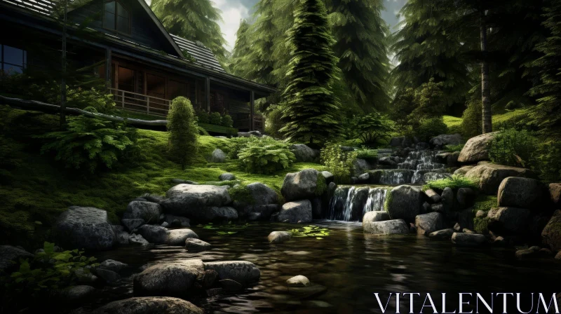 AI ART Tranquil Forest House with River and Waterfall