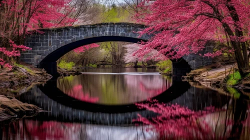 Tranquil Stone Bridge Landscape with Cherry Trees