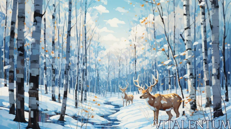 AI ART Winter Forest Deer Landscape