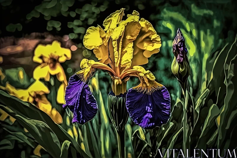 Yellow Iris with Green Leaves and Purple Flower - Impressionist Colorism AI Image