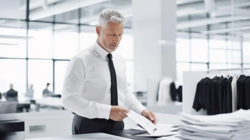 Businessman in Modern Office Examining Document