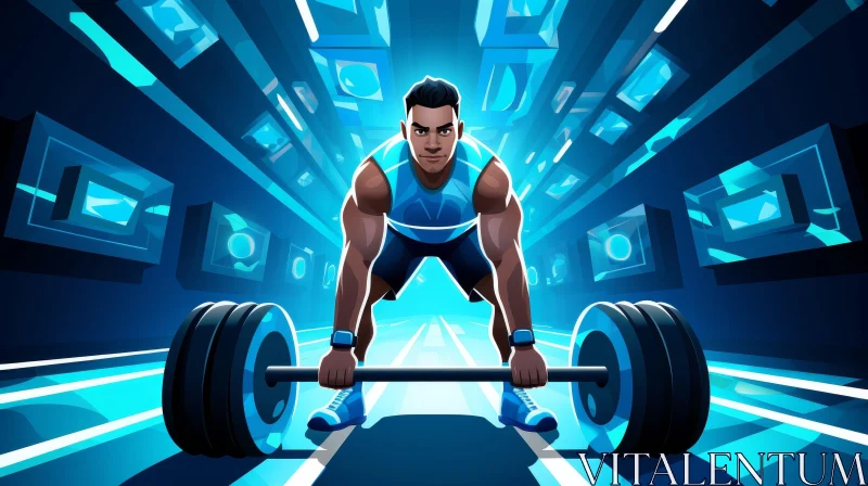 Cartoon Man Lifting Weights in Blue Tank Top AI Image