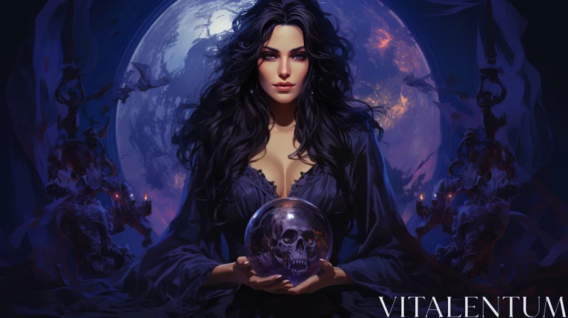 Enigmatic Woman with Crystal Ball and Skull AI Image