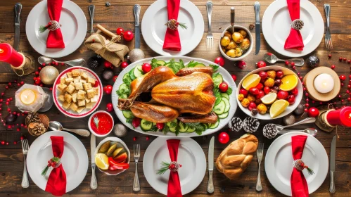 Festive Christmas or Thanksgiving Dinner Table with Roasted Turkey