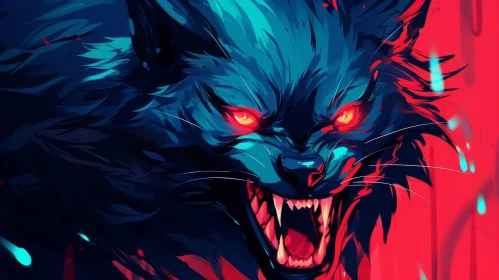 Fierce Wolf Digital Painting - Blue Fur, Red Eyes