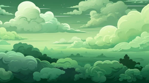 Green Cartoon Landscape with Dreamy Sky