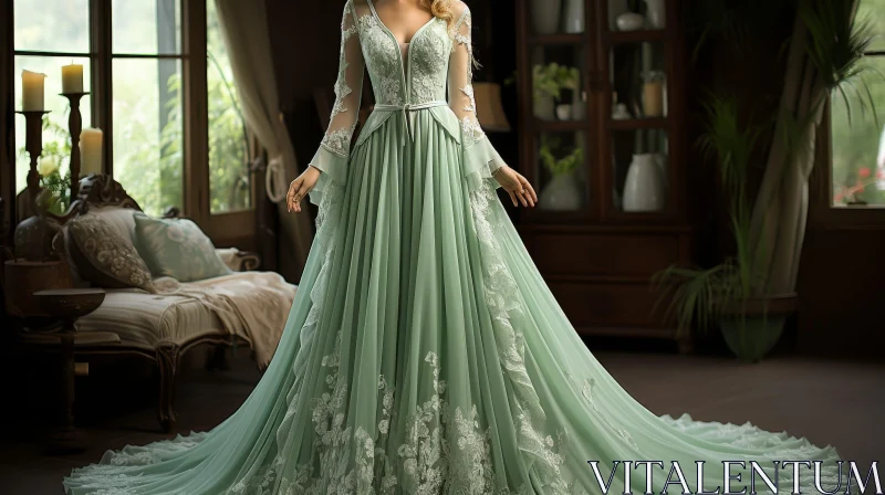 Green Wedding Dress Model in Elegant Setting AI Image