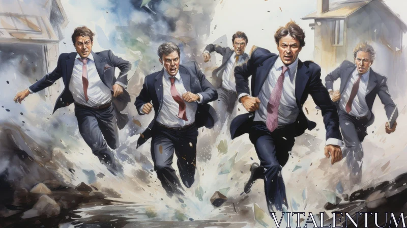 Men Running from Explosion - Action Scene AI Image