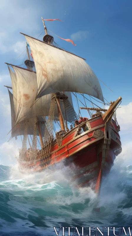 Pirate Ship Sailing on Turbulent Sea - Digital Painting AI Image