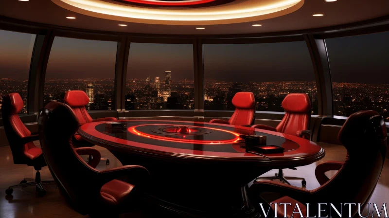 Red-Lit Conference Room Overlooking City at Night AI Image