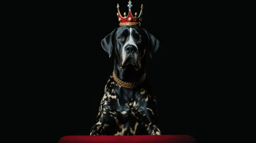 Regal Dog with Crown on Velvet Cushion